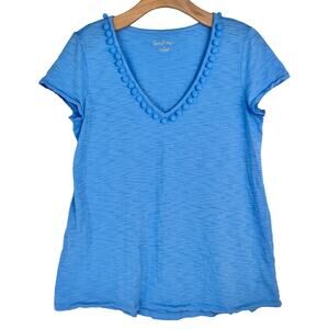 Lilly Pulitzer Blue T-Shirt Top Sz S Coastal Classic Beachy Pom-Pom Trim Pima